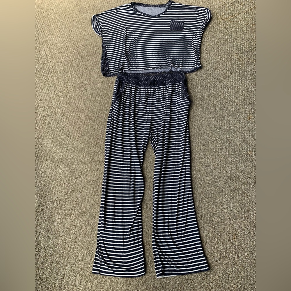 LOVE TO LOUNGE Navy and White Polka Dot & Stripe Lounge Pants